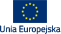 niebieska flaga z zółtymi gwiazdami z napisem na dole Unia Europejska 