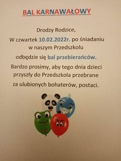 grafika do wpisu: Informacja- Bal karnawałowy