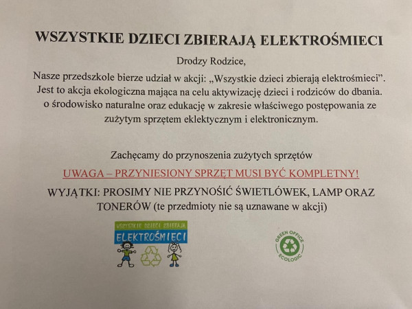 Udział w akcji : Wszystkie dzieci zbierają elektrośmieci